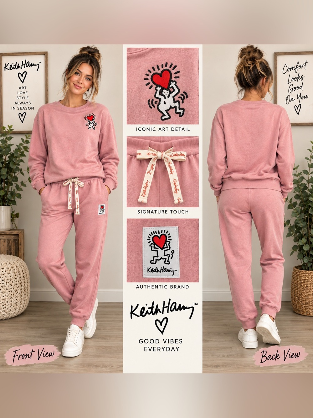 Keith Haring Women's Pink Heart Graphic Joggers